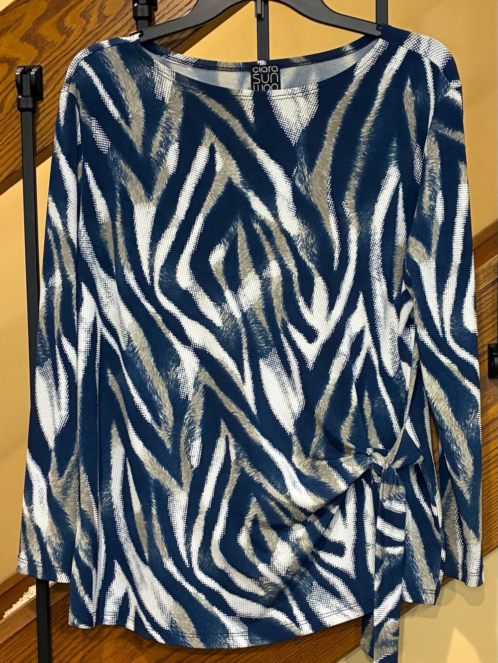 Clara SunWoo Blouse zebra Print Tie Side Knit 3/4 Sleeve Blue White SZ. XL